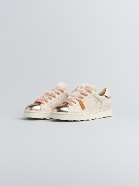 SNEAKER FÜR DAMEN P001 AUS LEDER UND LAME-LEDER MIT KUNSTFELLFUTTER ELFENBEIN-ROSAGOLD