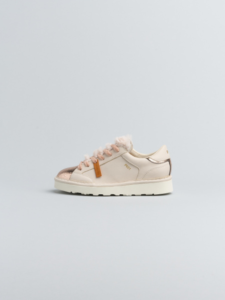SNEAKER FÜR DAMEN P001 AUS LEDER UND LAME-LEDER MIT KUNSTFELLFUTTER ELFENBEIN-ROSAGOLD