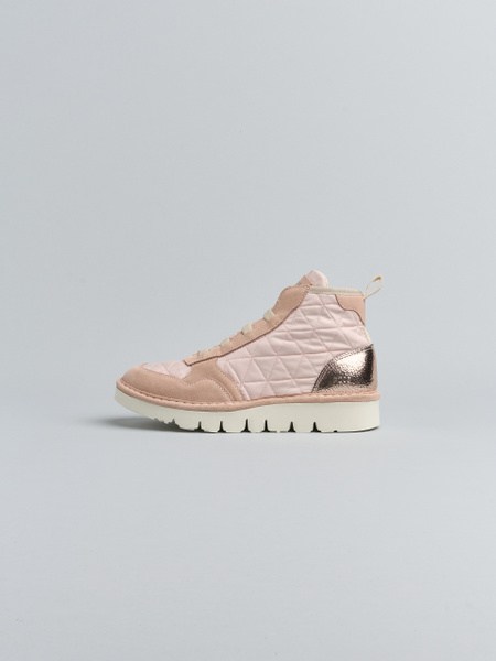 P005 WOMAN'S ANKLE BOOT QUILTED NYLON LAMINATED LEATHER FAUX FUR POWDER PINK-ROSE GOLD