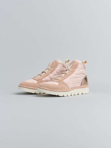 P005 WOMAN'S ANKLE BOOT QUILTED NYLON LAMINATED LEATHER FAUX FUR POWDER PINK-ROSE GOLD