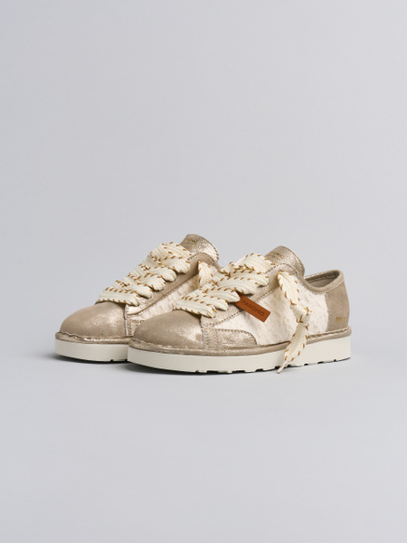 SCARPA ALLACCIATA DONNA P001 IN PIZZO E PELLE LAMINATA AVORIO