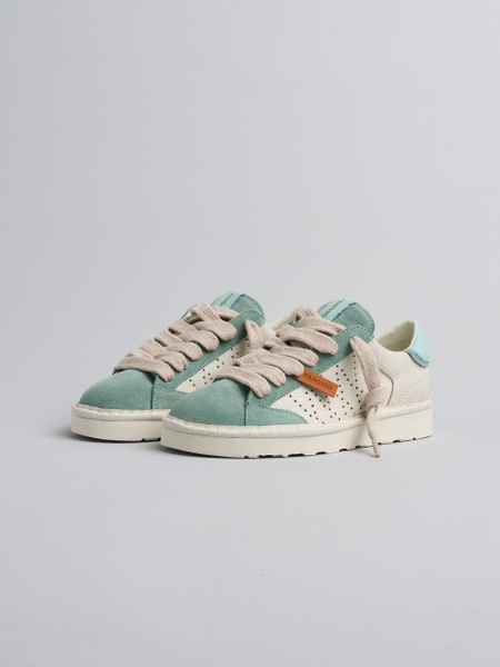 SNEAKER DONNA P001 IN CAMOSCIO SCREPOLATO E CAMOSCIO AVORIO-VERDE GRANITO