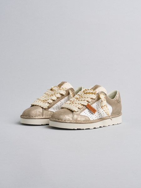 SNEAKER DONNA P001 IN PELLE PELLE LAMINATA E PIZZO BIANCO-PLATINO