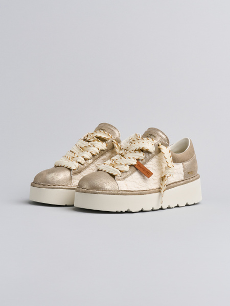 SCARPA ALLACCIATA DONNA P003 IN PIZZO E PELLE LAMINATA AVORIO