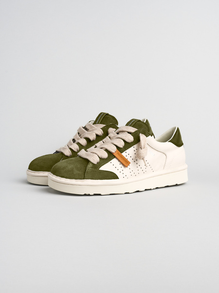 SNEAKER P001 UOMO IN PELLE E CAMOSCIO AVORIO-OLIVA