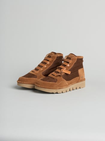 P005 polacchino donna wave Panchic in nylon trapuntato e camoscio foderato in faux fur cognac