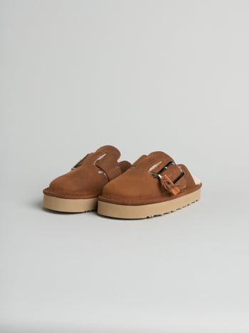 P011 sabot donna aura Panchic in camoscio cerato foderato in montone cognac