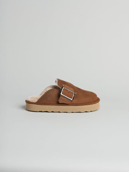 P011 sabot donna aura Panchic in camoscio cerato foderato in montone cognac